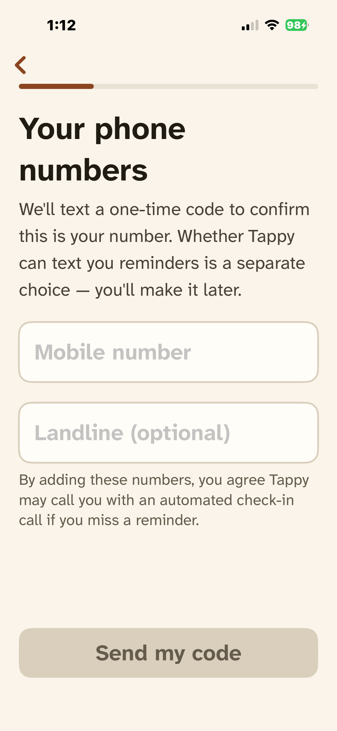 Tappy phone number entry screen. It says a one-time code will be sent and that texting reminders is a separate later choice.