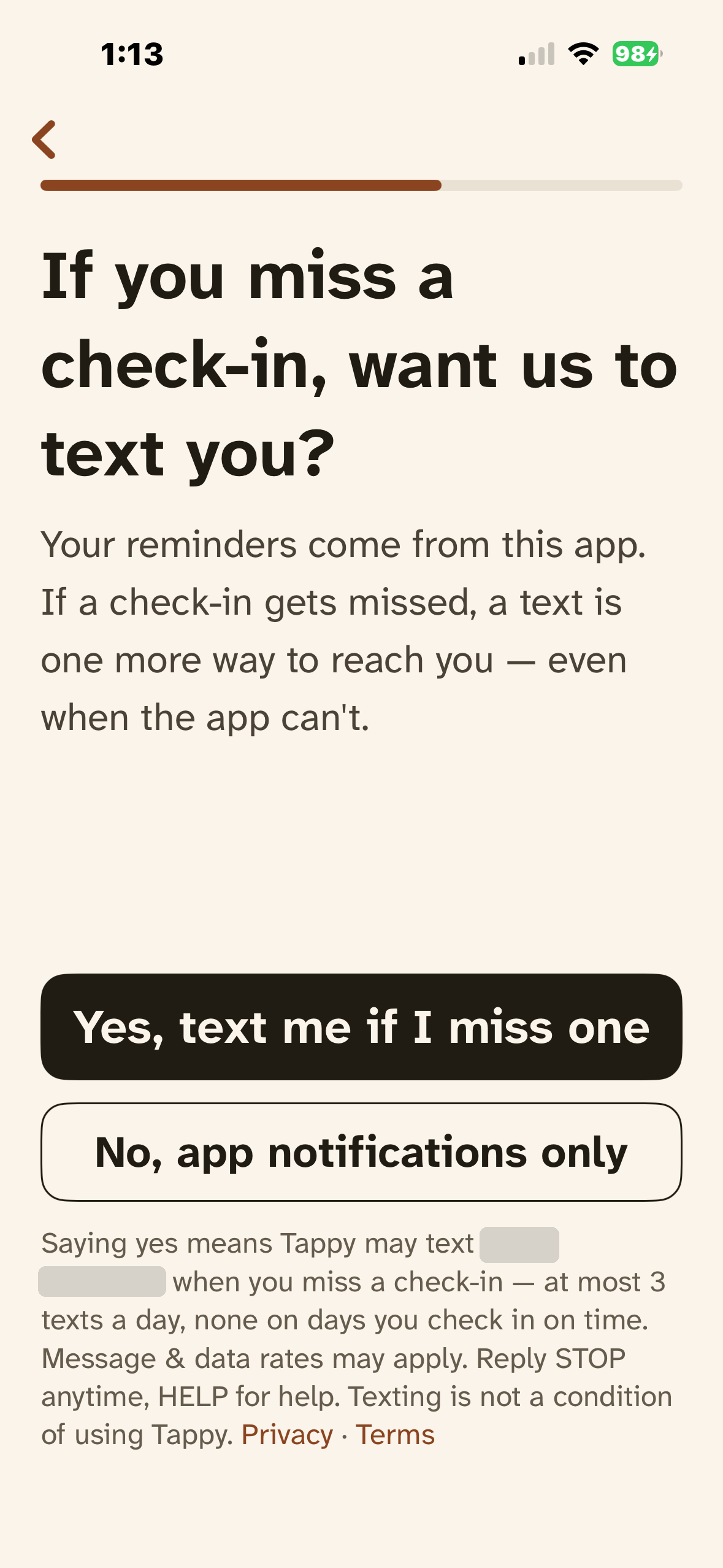 Tappy SMS consent screen with Yes and No buttons and the full disclosure text visible