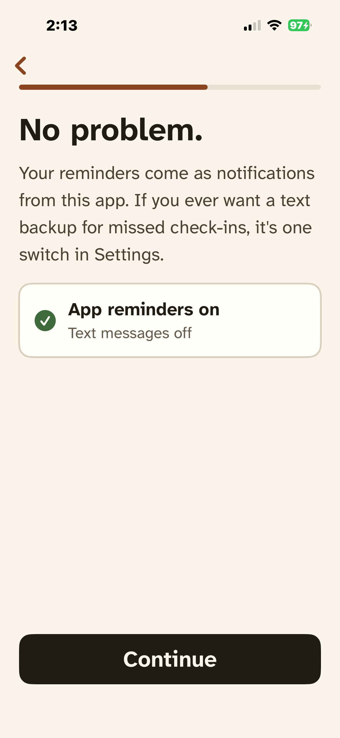 Tappy screen after declining texts. It says No problem, shows app reminders on and text messages off, and setup continues.