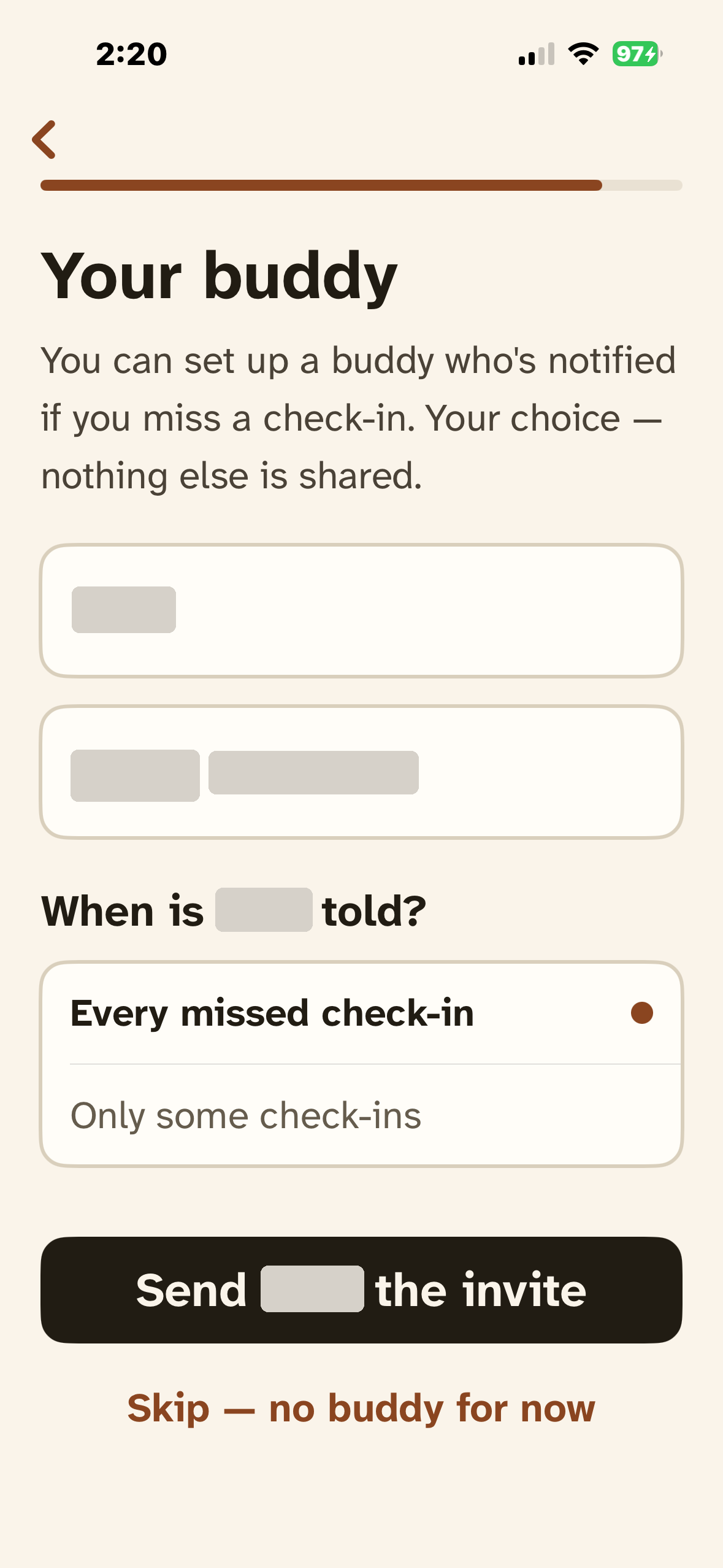 Tappy trusted contact setup screen with name, phone, alert frequency choice, and a skip option