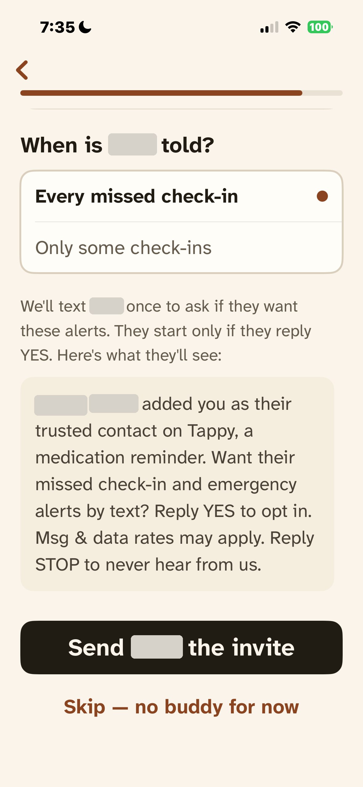 Tappy screen showing the exact opt-in invitation text the trusted contact will receive, which requires a YES reply