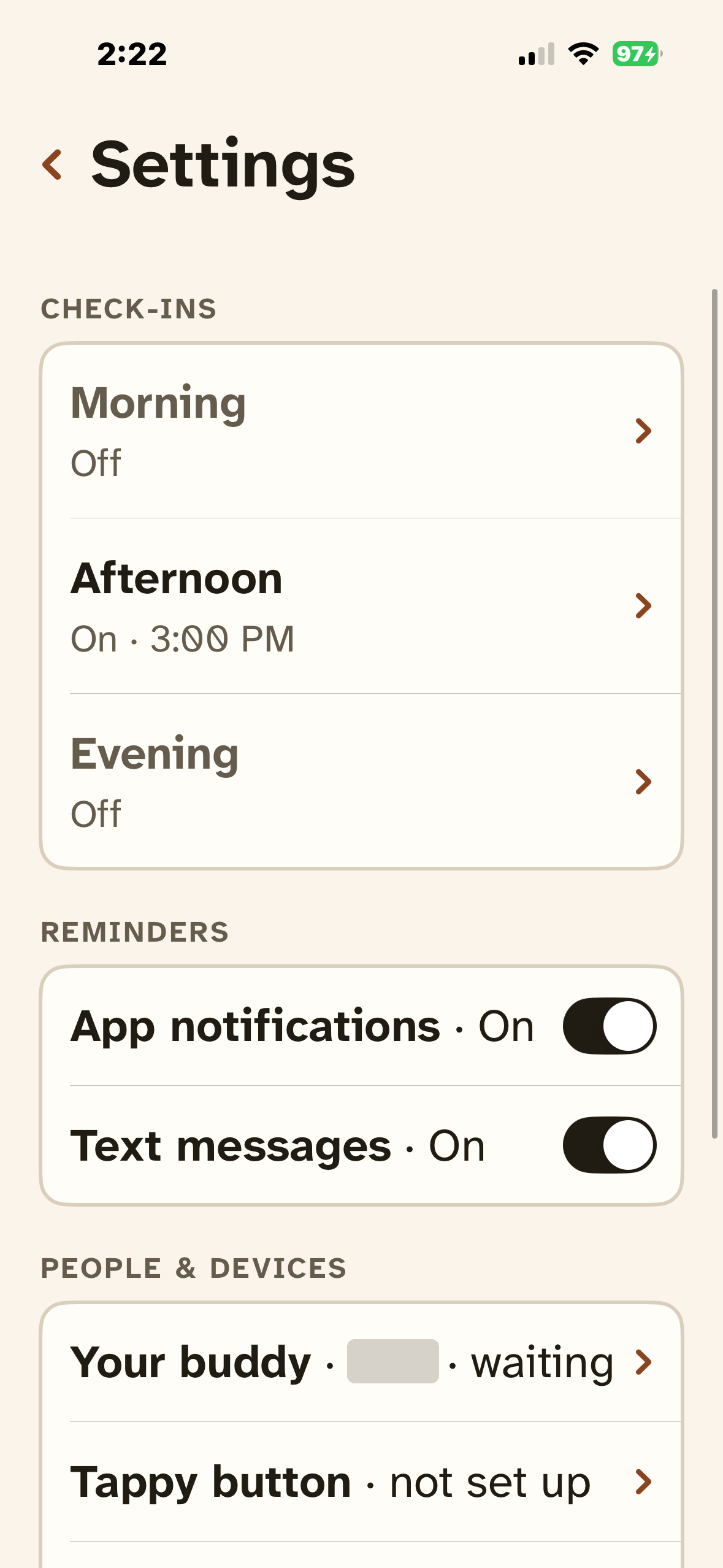 Tappy settings screen with a text messages toggle and the trusted contact status showing waiting