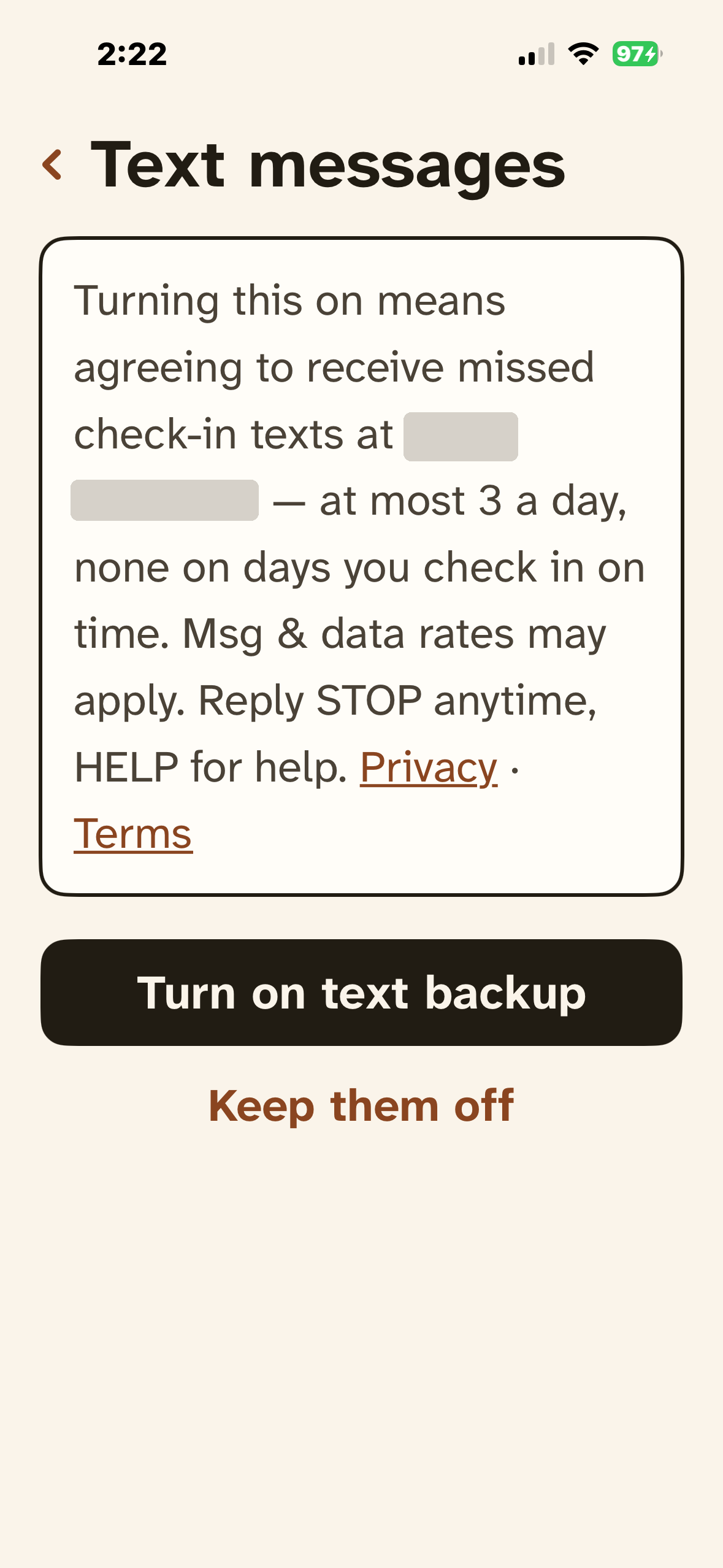 Tappy settings screen shown when turning texts on. It repeats the full consent disclosure with accept and decline options.